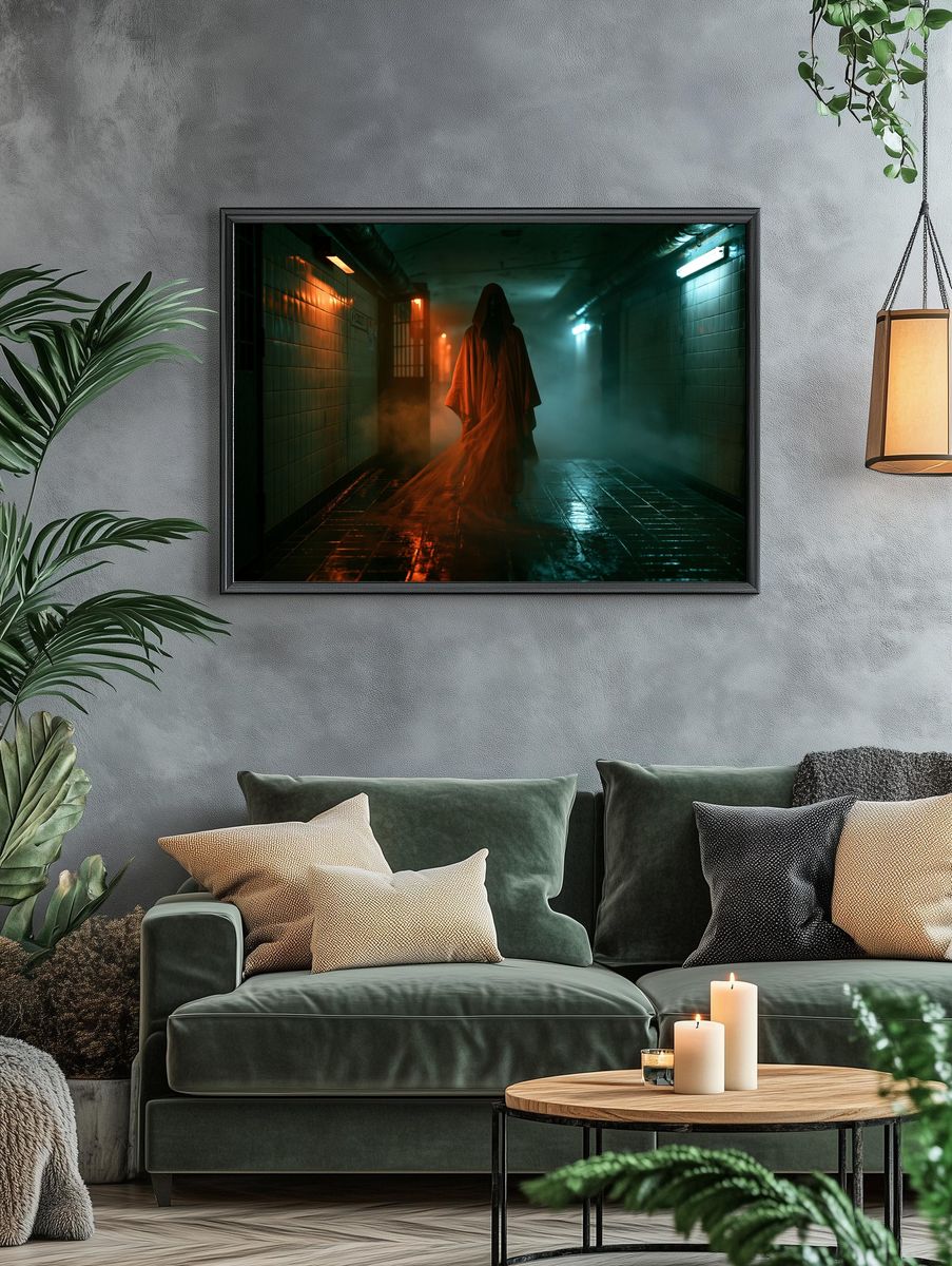 Hooded Figure in Neon Corridor Poster. — room view 4