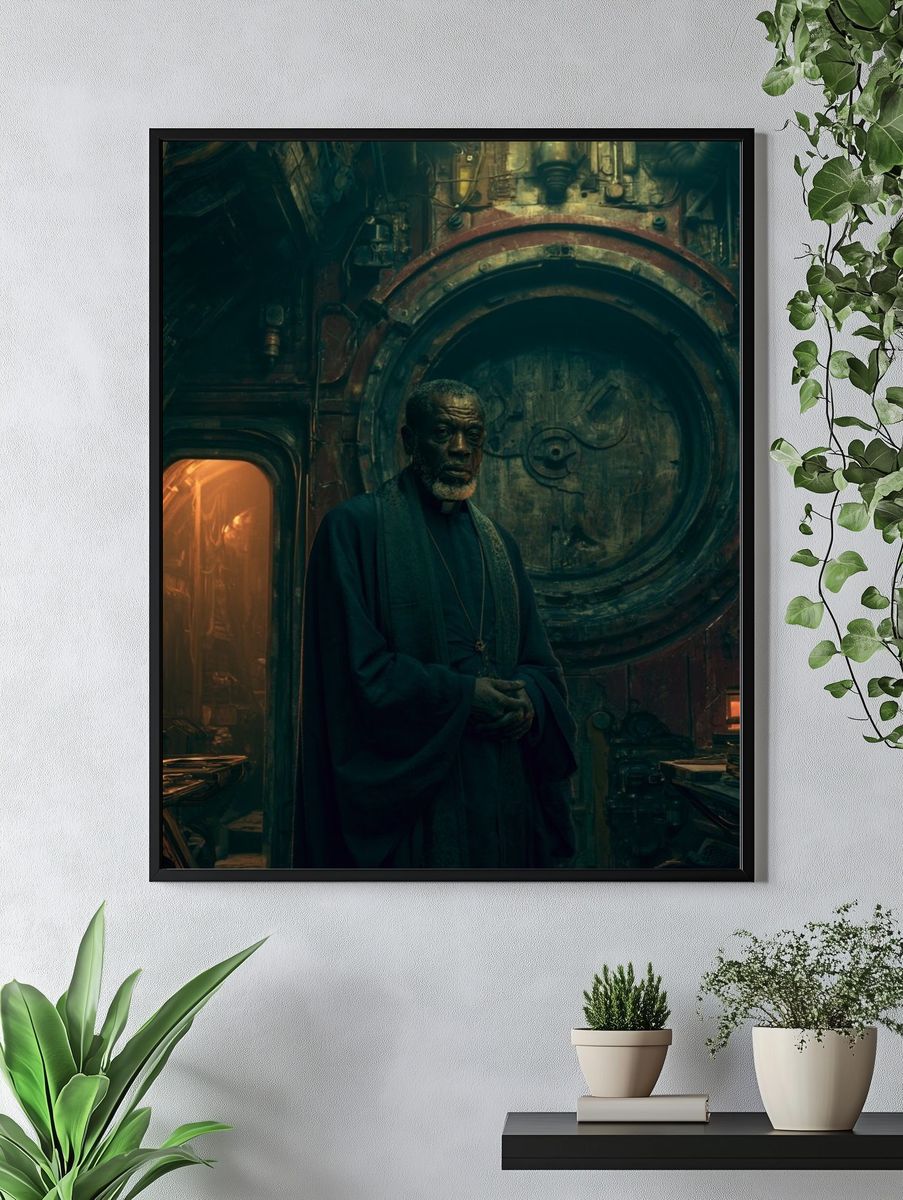 Cinematic Priest in Industrial Chamber Poster. — room view 4