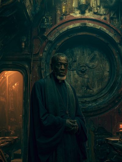Cinematic Priest in Industrial Chamber Poster. poster