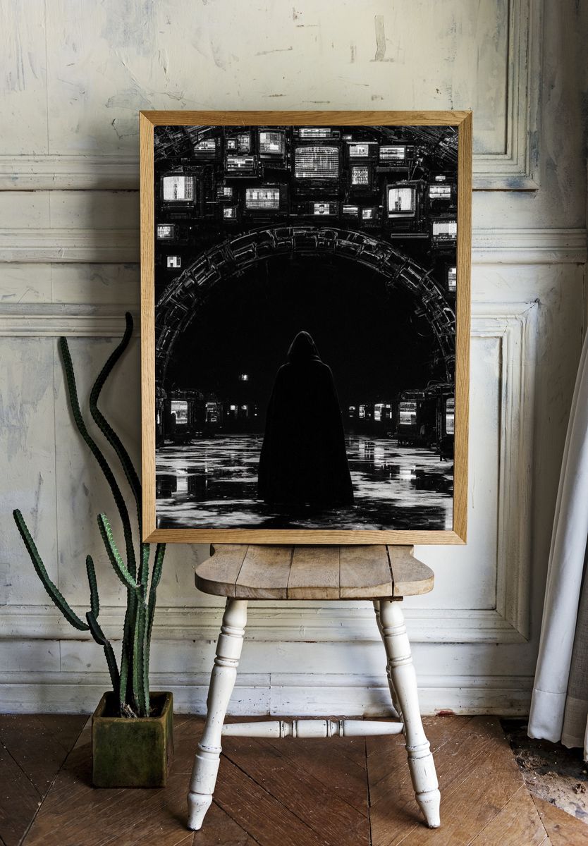 Hooded Figure in Neon Archive Poster. room preview
