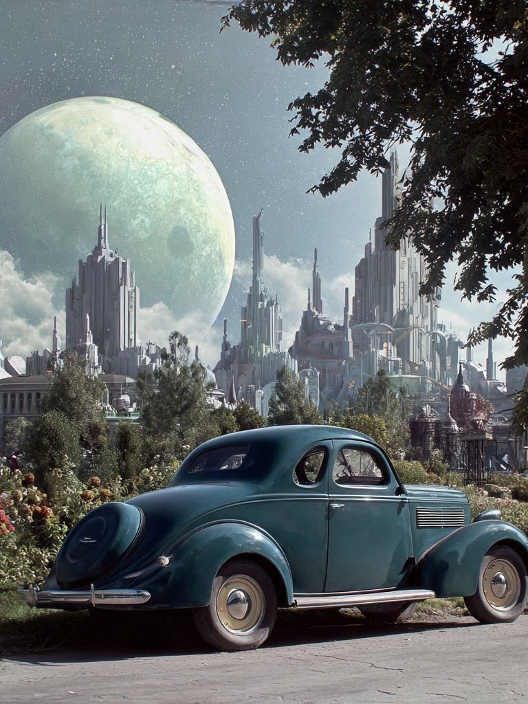 Retro Car in Futuristic City Poster. poster — movies art