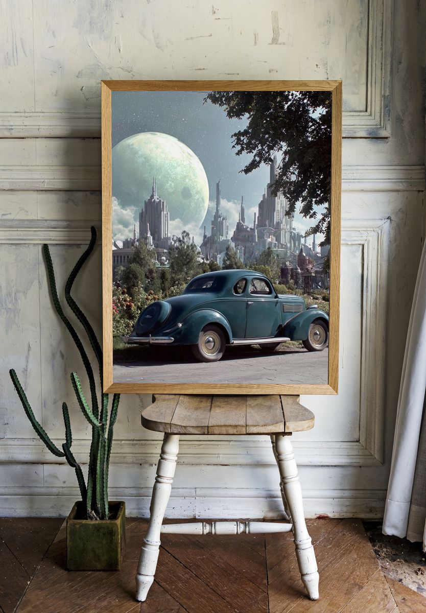 Retro Car in Futuristic City Poster room preview