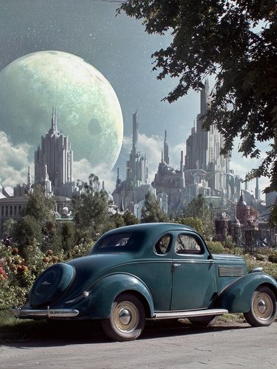 Retro Car in Futuristic City Poster. poster