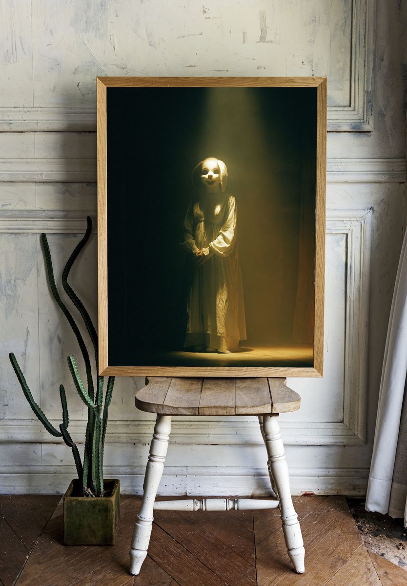 Creepy Rabbit Mask Portrait Print. room preview