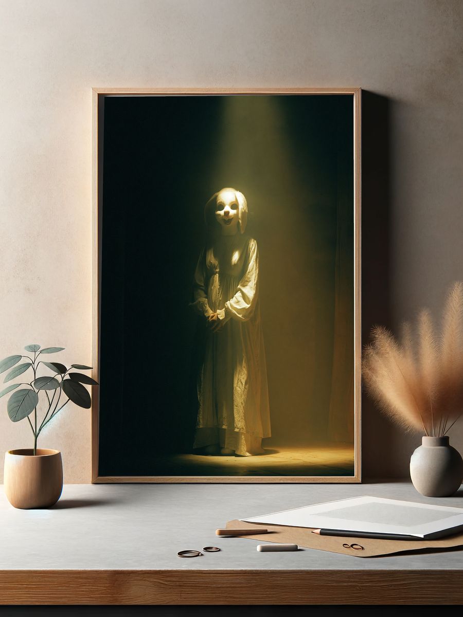 Creepy Rabbit Mask Portrait Print. — room view 2