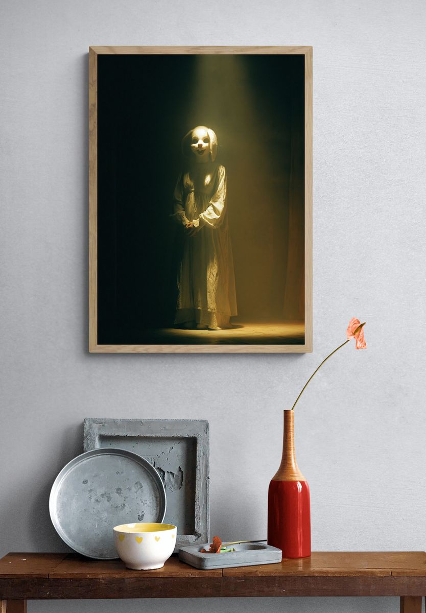 Creepy Rabbit Mask Portrait Print. — room view 3