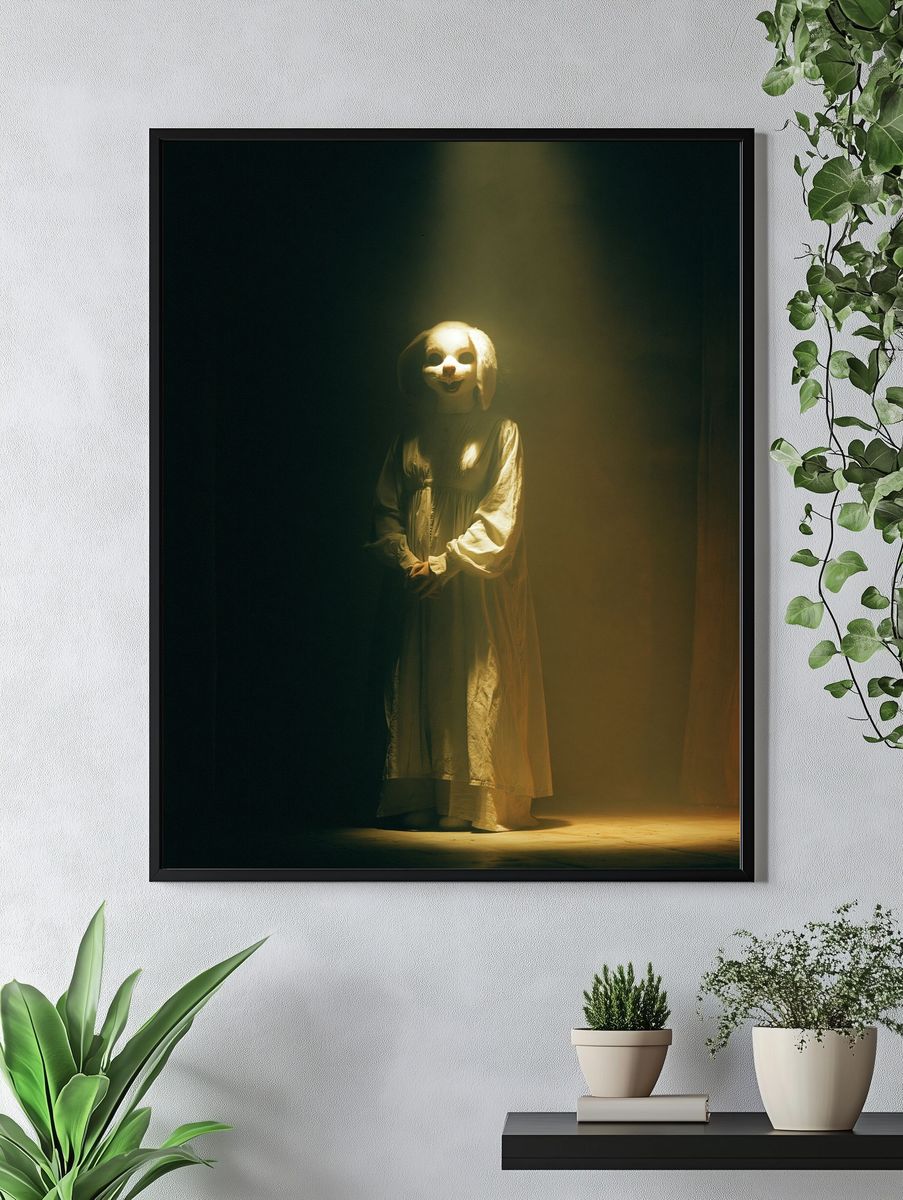 Creepy Rabbit Mask Portrait Print. — room view 4