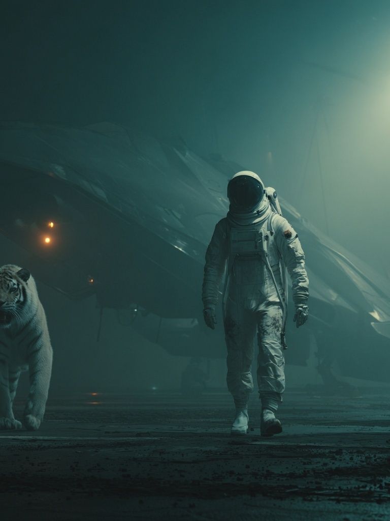 Astronaut and White Tiger Sci-Fi Poster. poster detail
