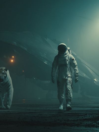 Astronaut and White Tiger Sci-Fi Poster. poster print