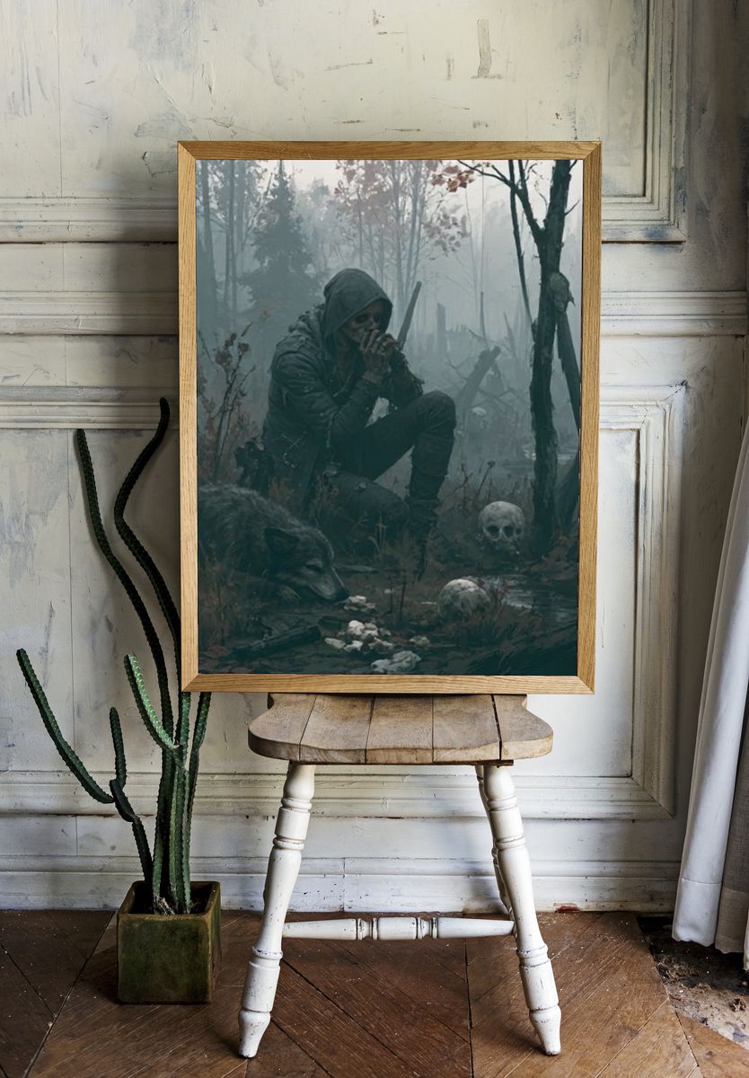 Hooded Figure in Foggy Forest Poster. — room view 1