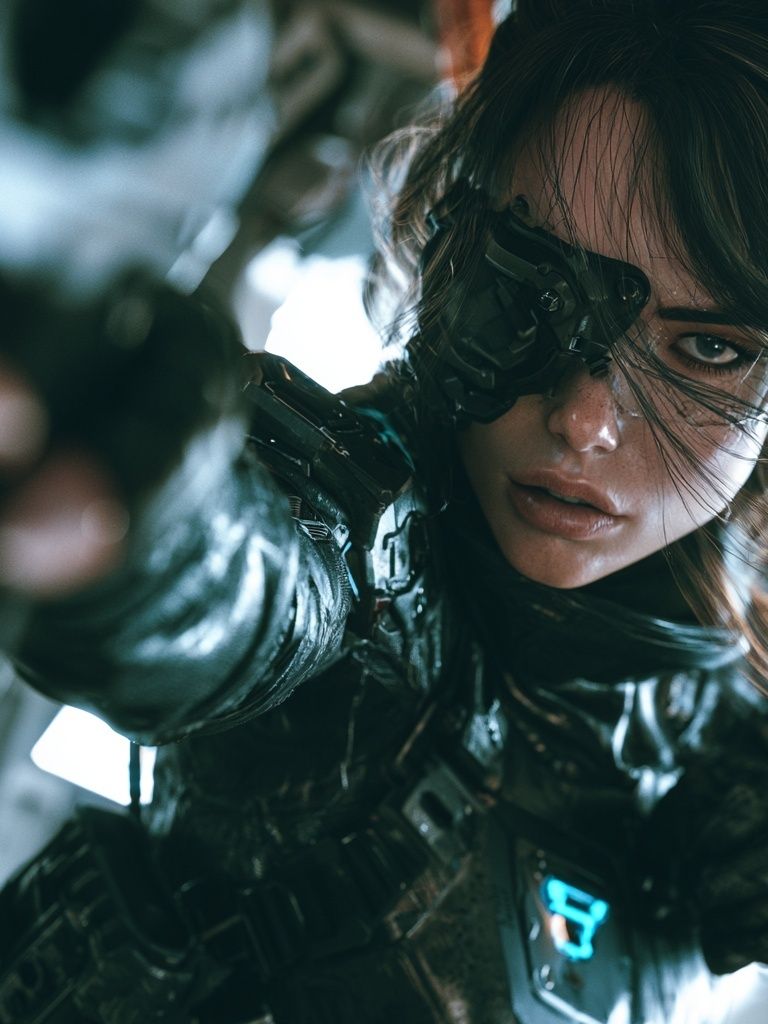 Cyberpunk Female Warrior Portrait Print. poster detail