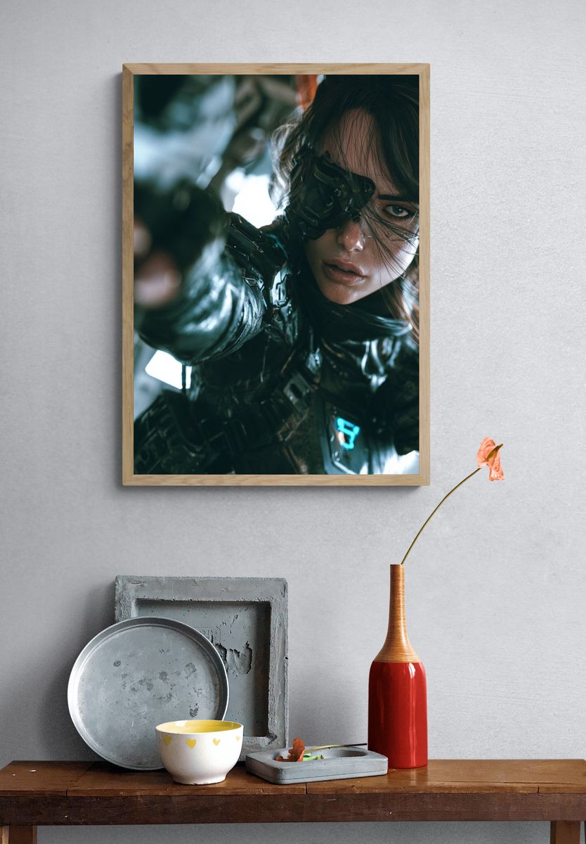 Cyberpunk Female Warrior Portrait Print. — room view 3