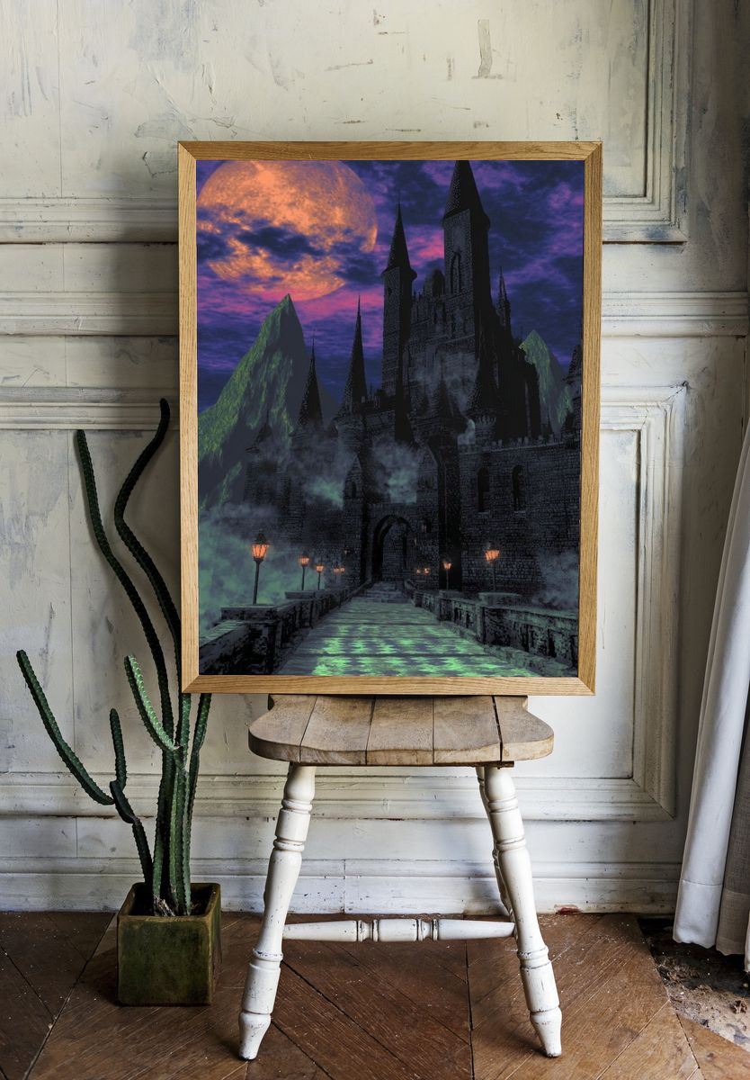 Moonlit Gothic Castle Fantasy Print. room preview