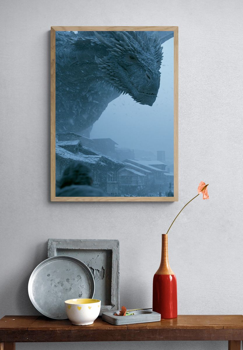 Ice Dragon Over Winter Village Poster. — room view 3