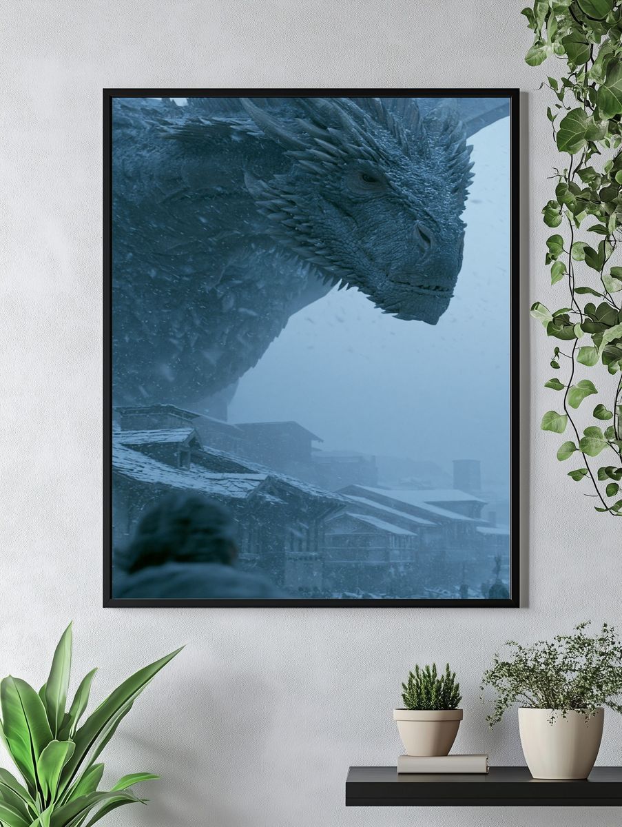 Ice Dragon Over Winter Village Poster. — room view 4