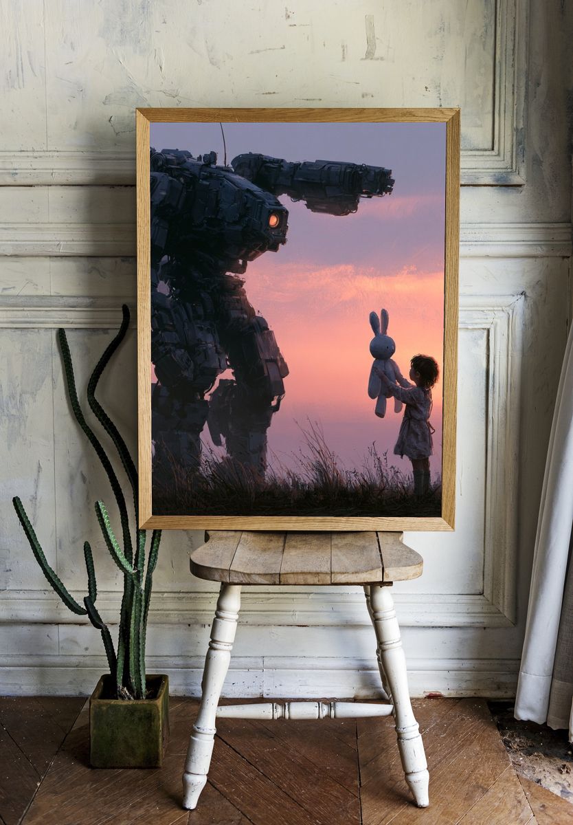 Robot and Child Sunset Sci-Fi Print. — room view 1