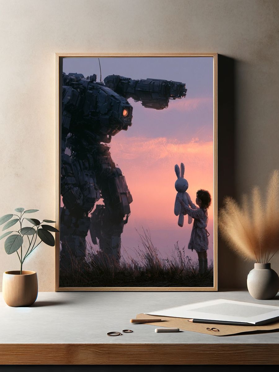 Robot and Child Sunset Sci-Fi Print. — room view 2