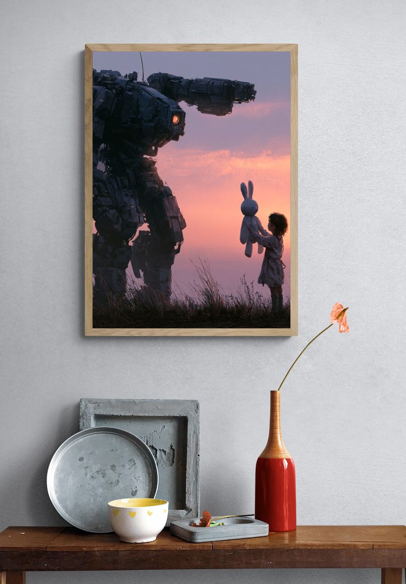 Robot and Child Sunset Sci-Fi Print. — room view 3
