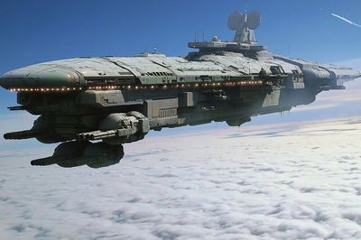 Sci-Fi Starship in Clouds Poster. poster