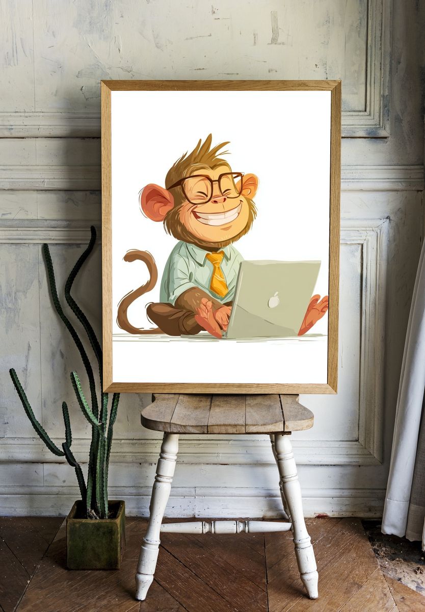 Happy Monkey with Laptop — Cartoon Print. room preview