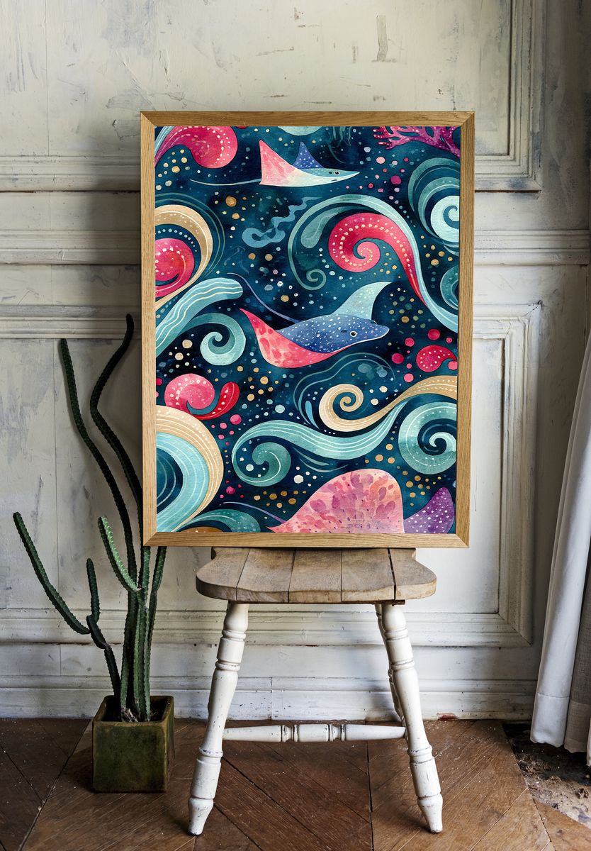 Manta Ray Ocean Watercolor Poster. room preview