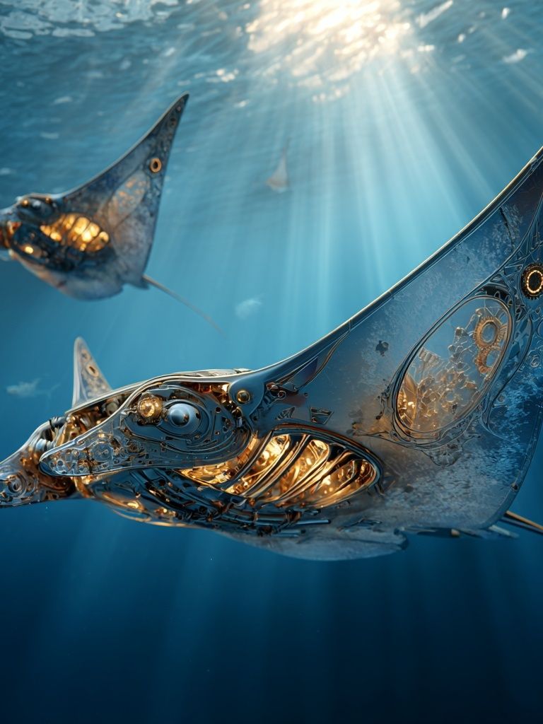 Mechanical Manta Rays Underwater Print. poster detail