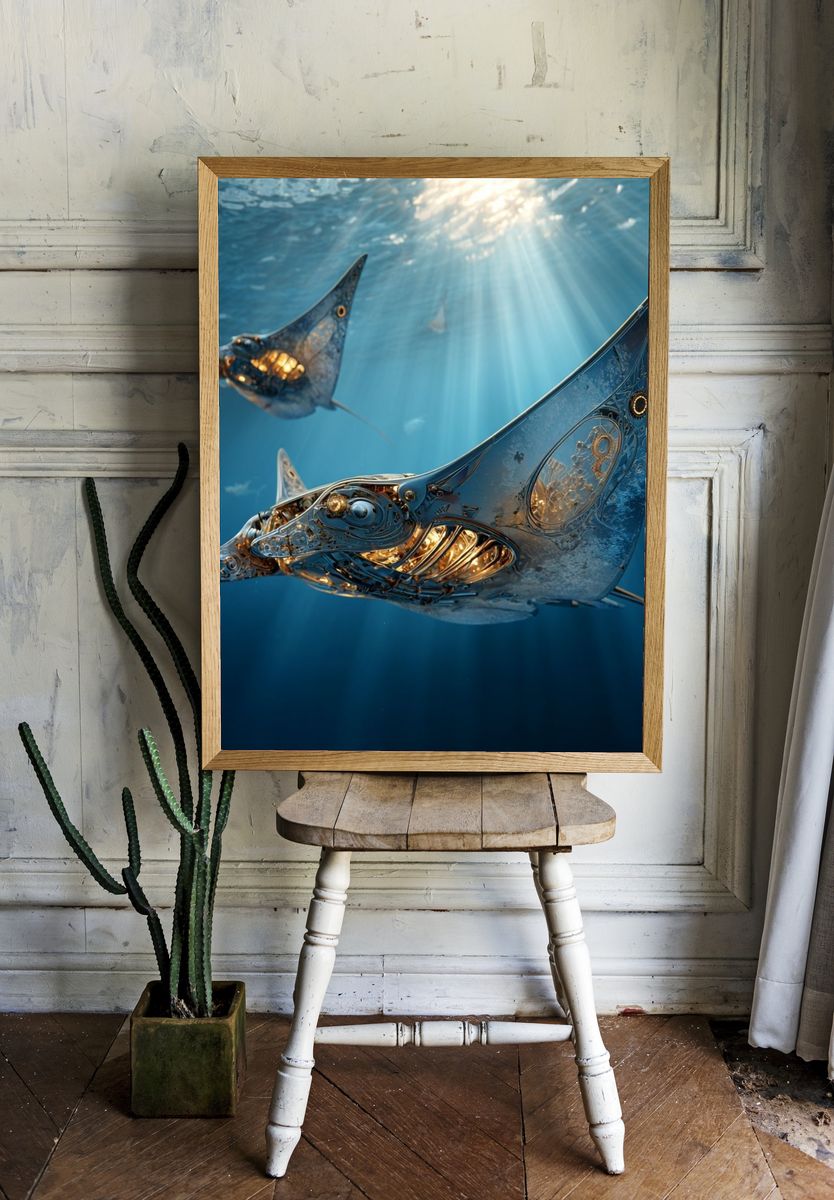 Mechanical Manta Rays Underwater Print room preview