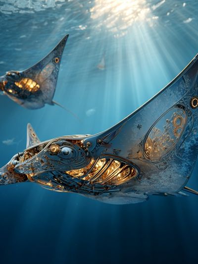 Mechanical Manta Rays Underwater Print. poster print