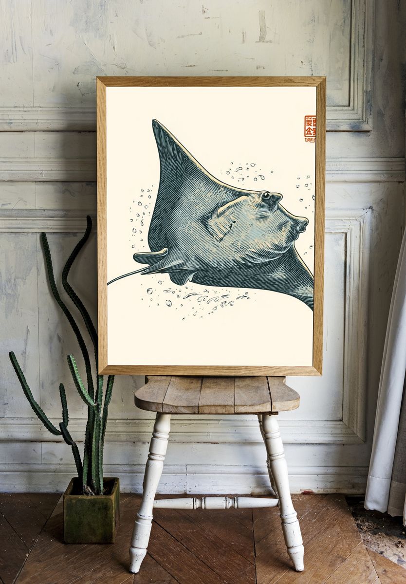 Manta Ray Ink Illustration Poster room preview