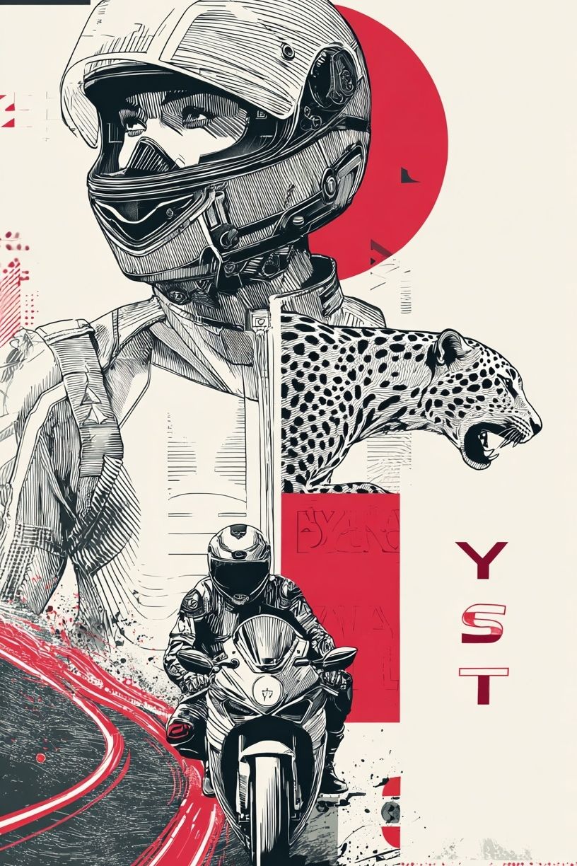 Motorcycle Racer and Leopard — Illustration Print. poster detail