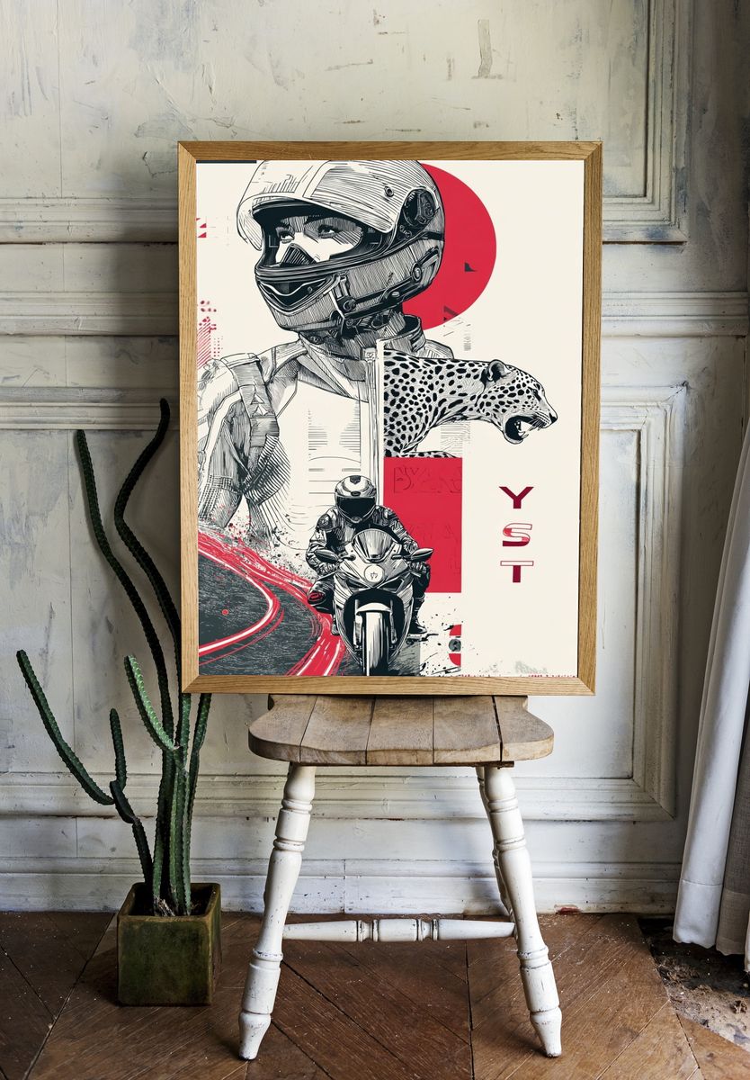 Motorcycle Racer and Leopard — Illustration Print room preview
