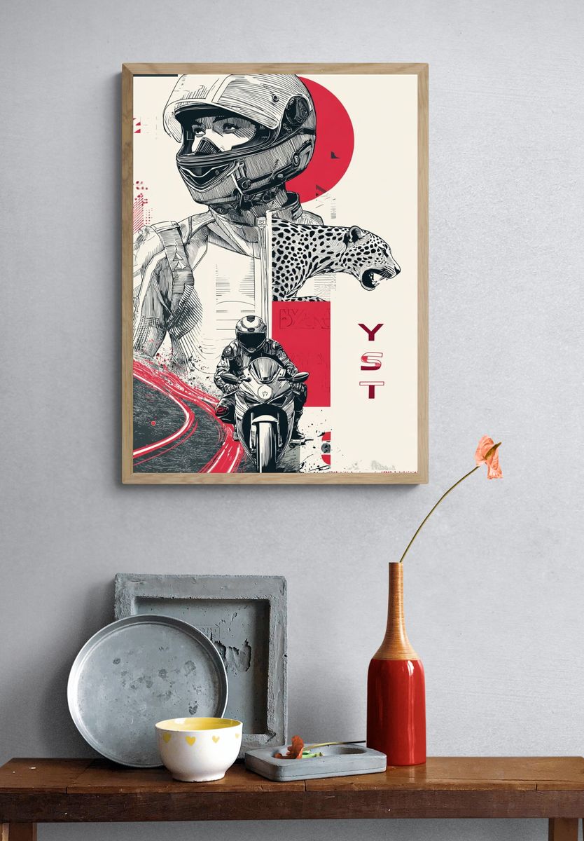 Motorcycle Racer and Leopard — Illustration Print. — room view 3