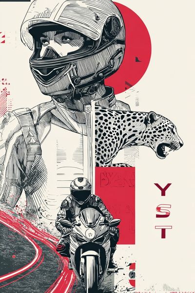 Motorcycle Racer and Leopard — Illustration Print. poster