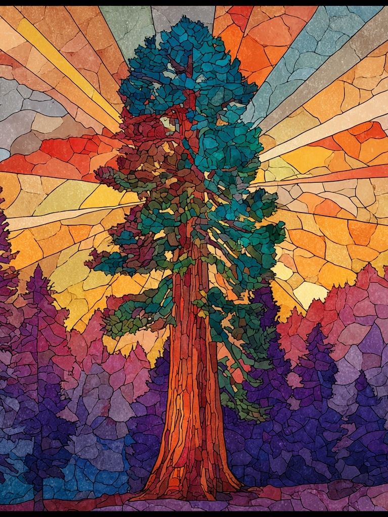 Majestic Tree at Sunrise — Stained Glass Print. poster — nature art