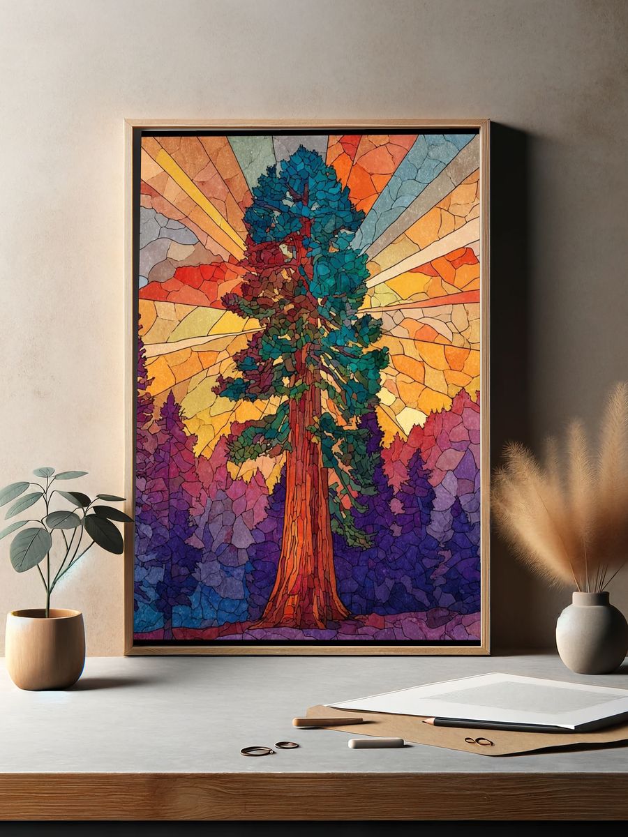 Majestic Tree at Sunrise — Stained Glass Print. — room view 2