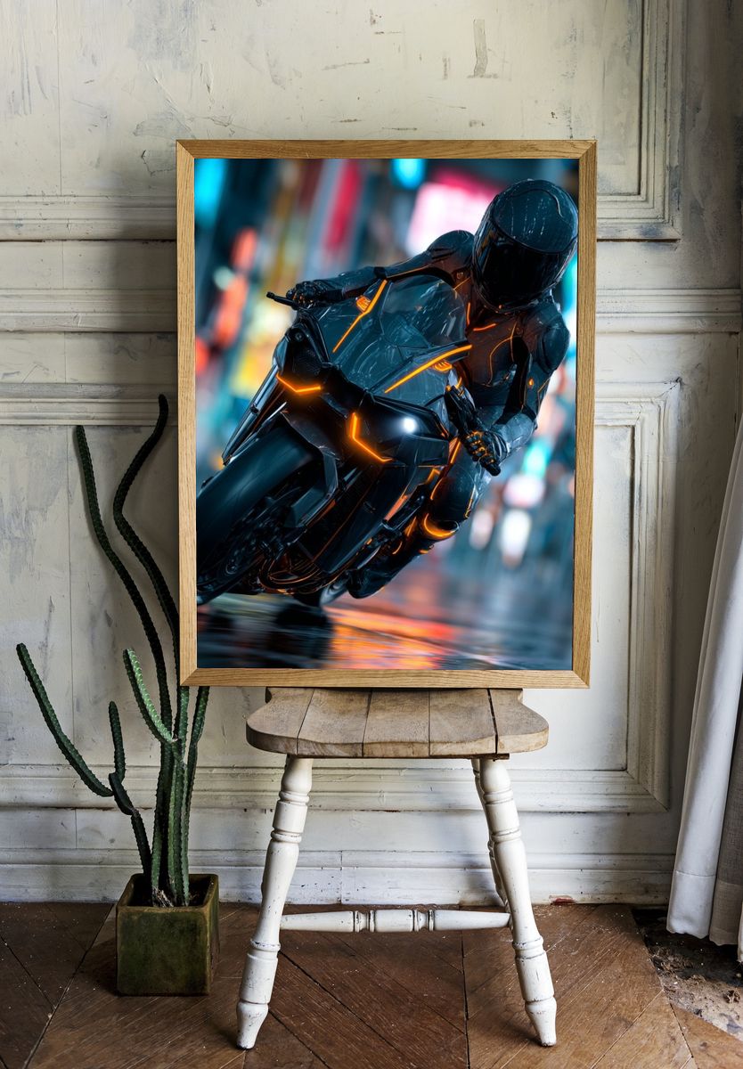 Futuristic Motorcycle Rider — Digital Art Print room preview