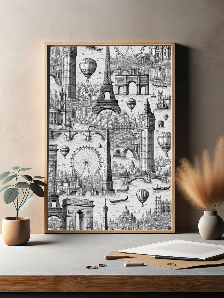 London and Paris Skyline Print. — room view 2