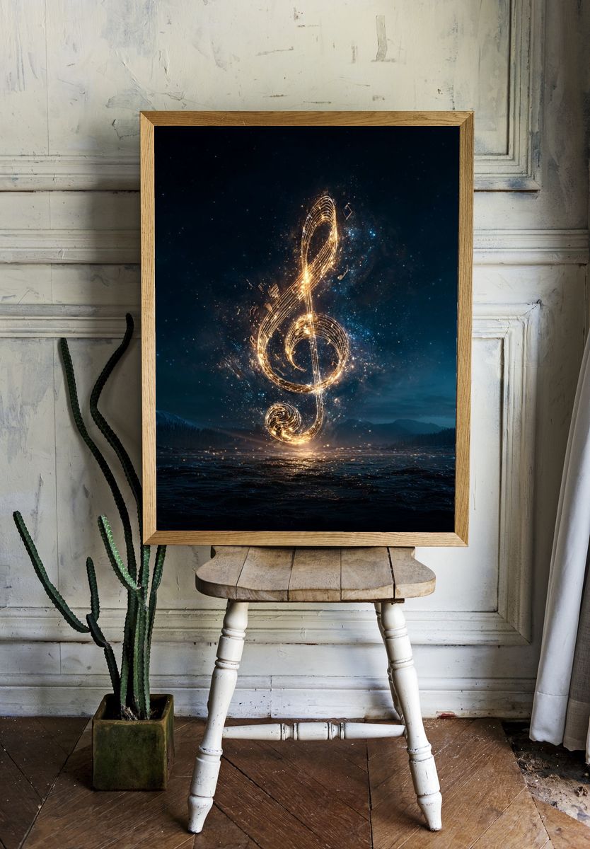 Glowing Treble Clef Music Poster. room preview