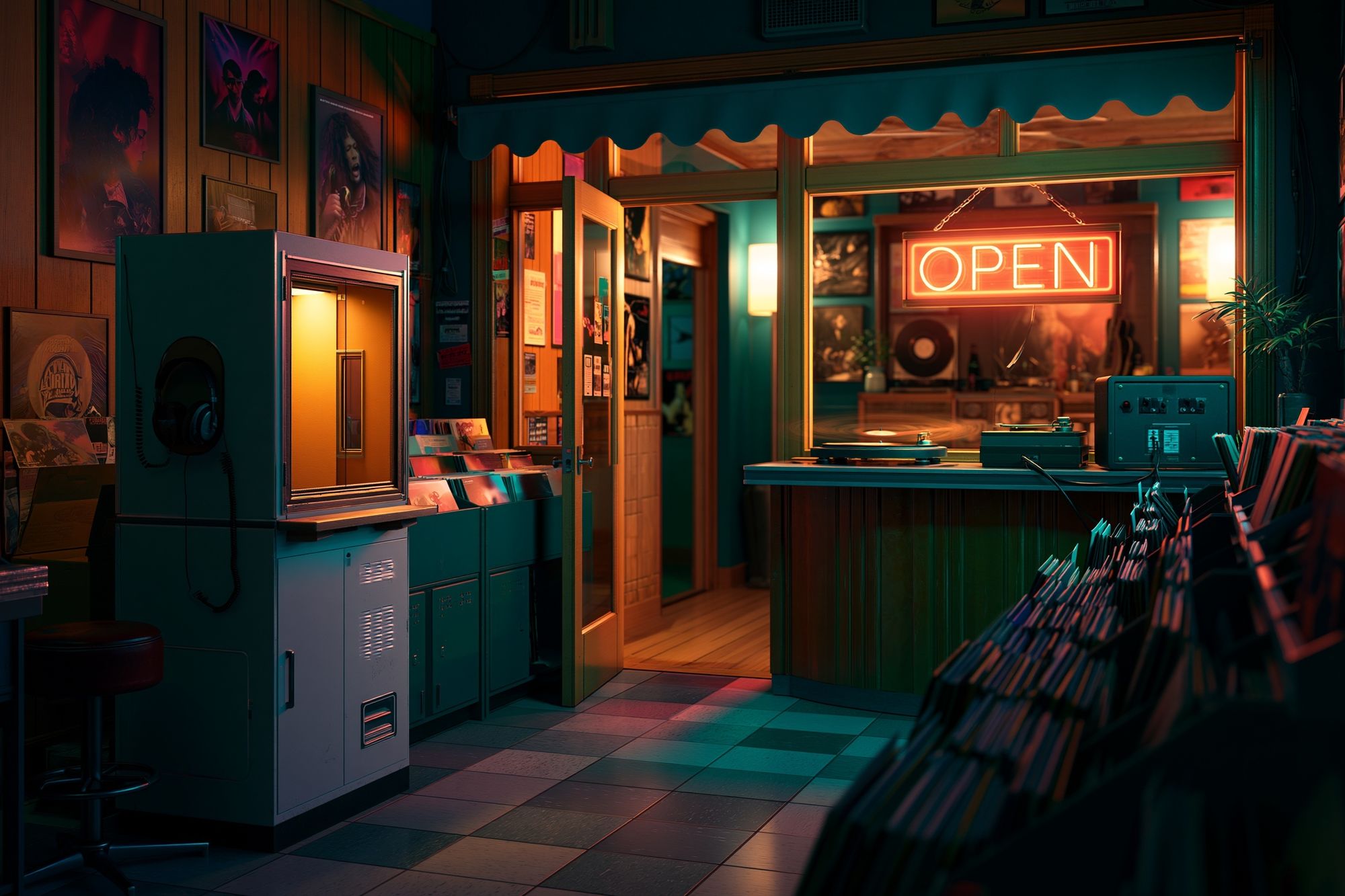 Neon Record Shop Interior Poster. poster detail