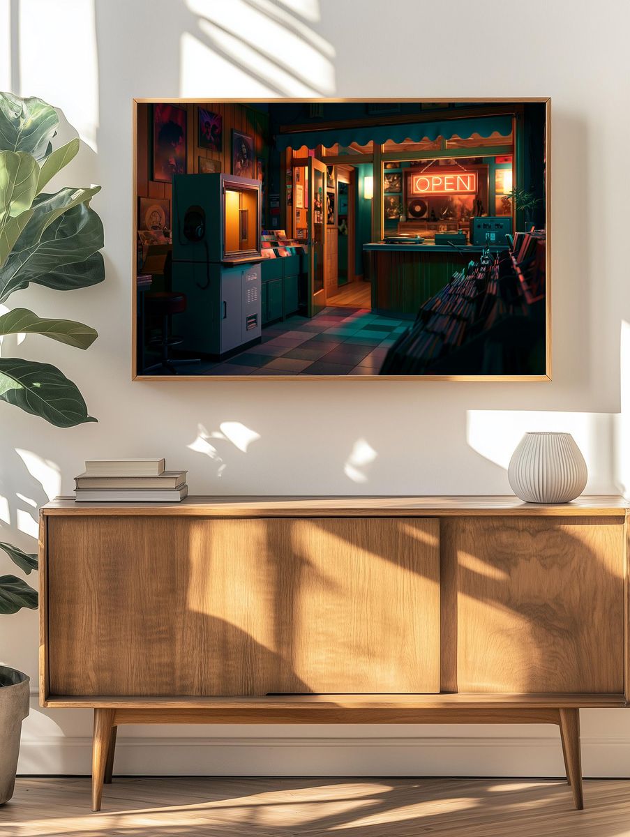Neon Record Shop Interior Poster. — room view 3