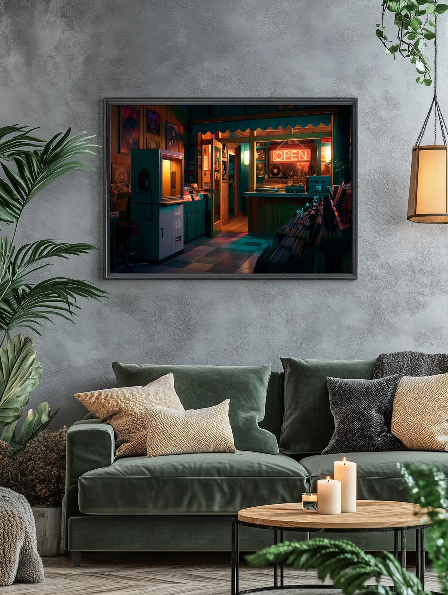 Neon Record Shop Interior Poster. — room view 4