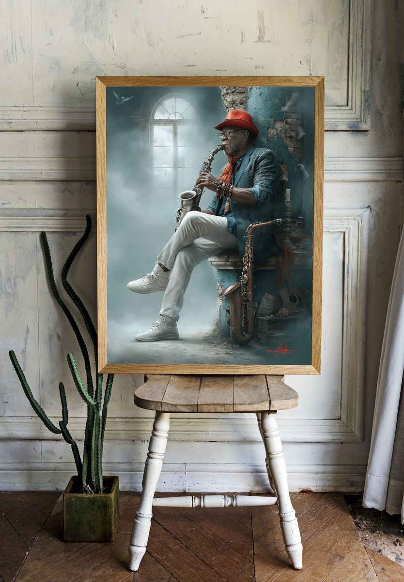 Jazz Saxophonist Portrait Print. — room view 1