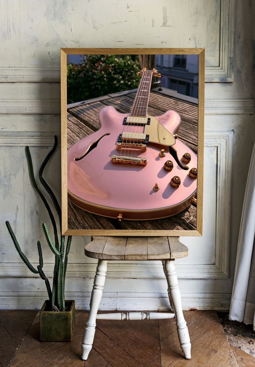 Pink Semi-Hollow Guitar Photography Poster. — room view 1