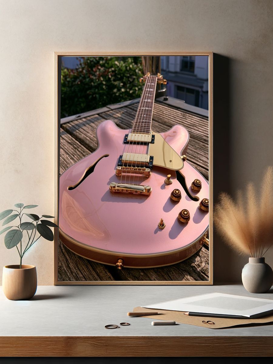 Pink Semi-Hollow Guitar Photography Poster. — room view 2