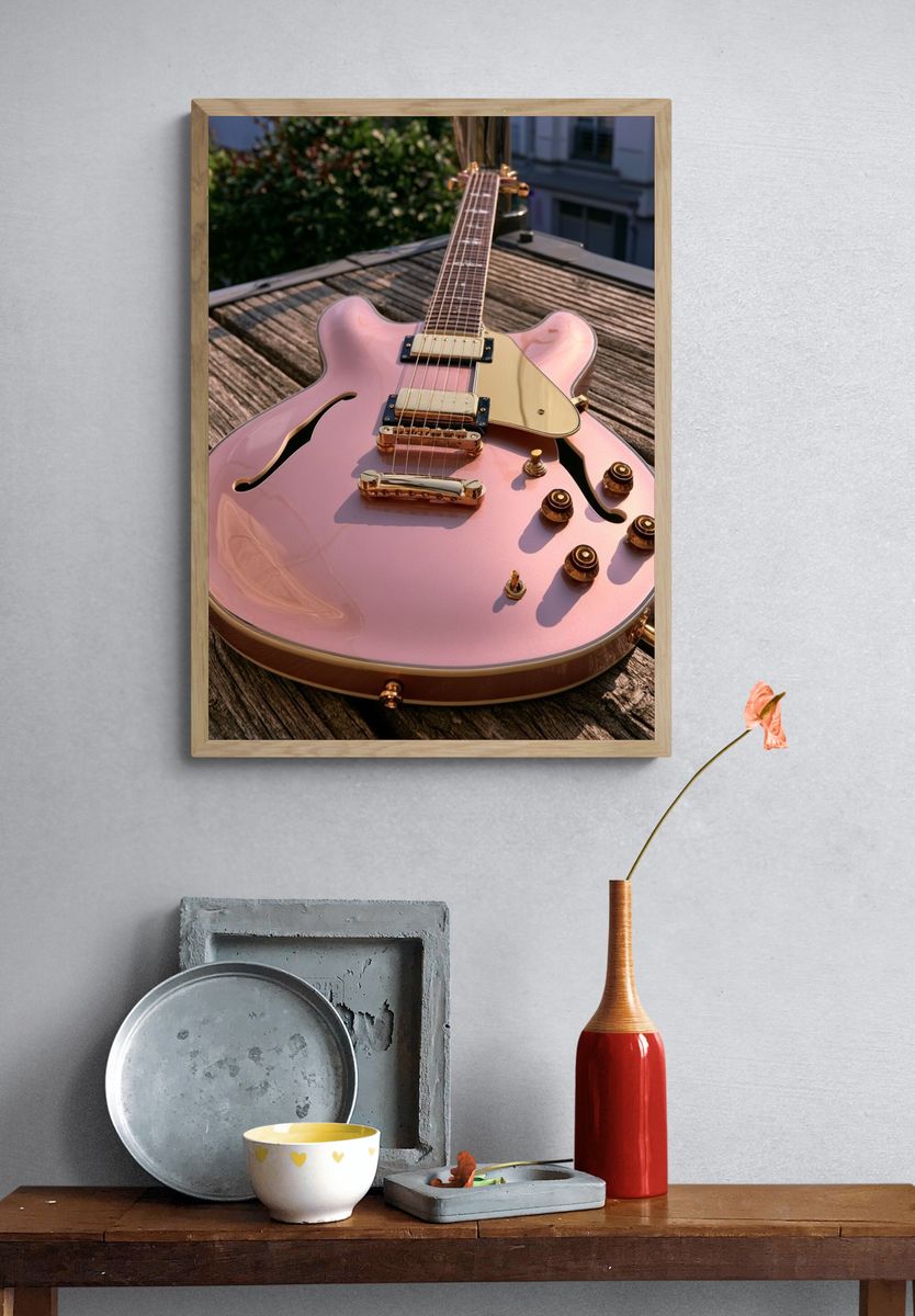 Pink Semi-Hollow Guitar Photography Poster. — room view 3