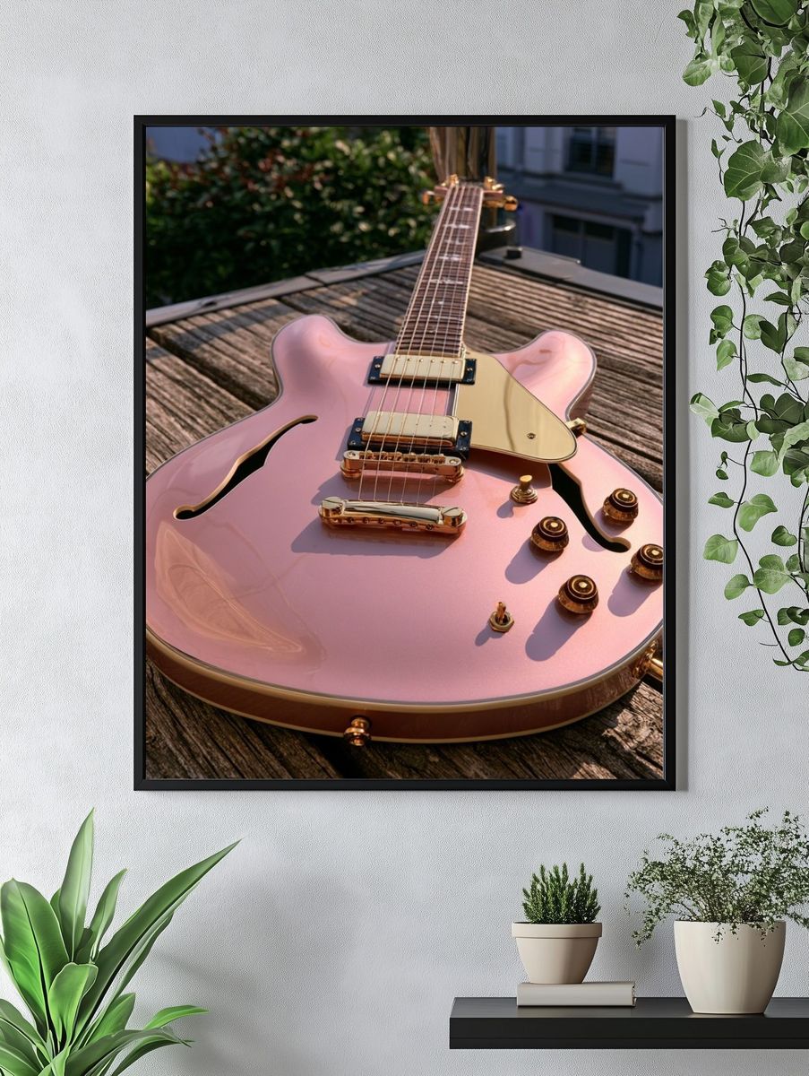 Pink Semi-Hollow Guitar Photography Poster. — room view 4
