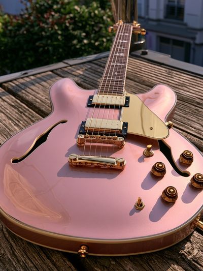 Pink Semi-Hollow Guitar Photography Poster. poster