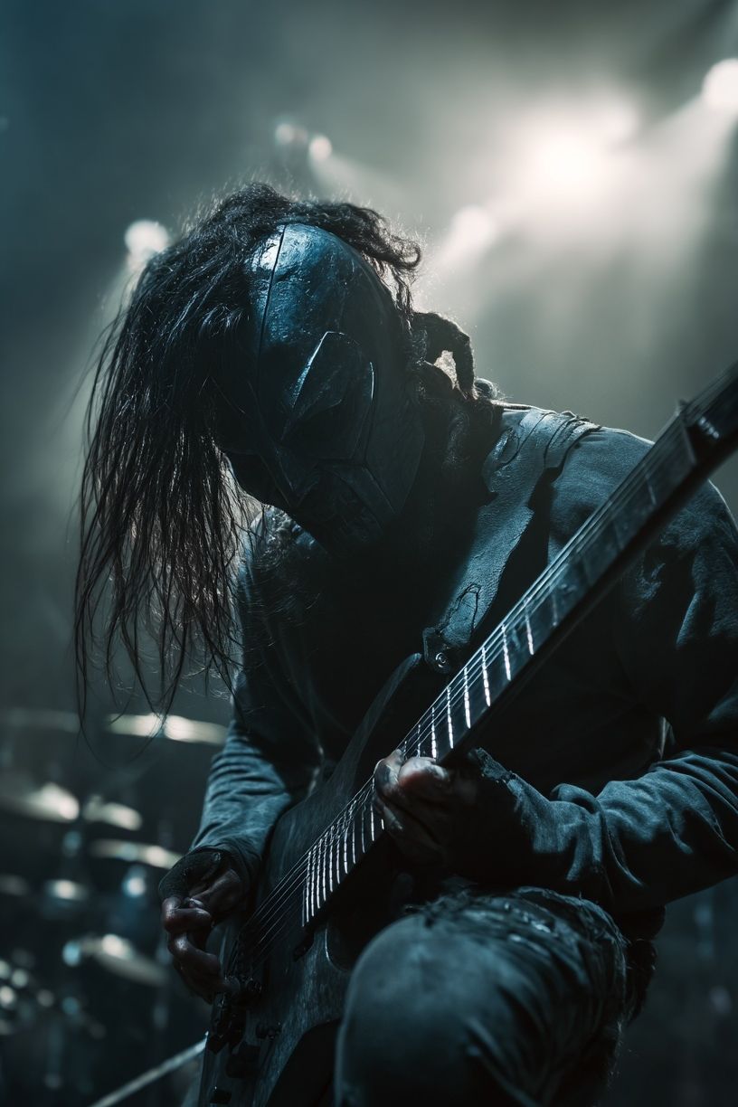 Masked Guitarist Concert Photography Poster. poster detail