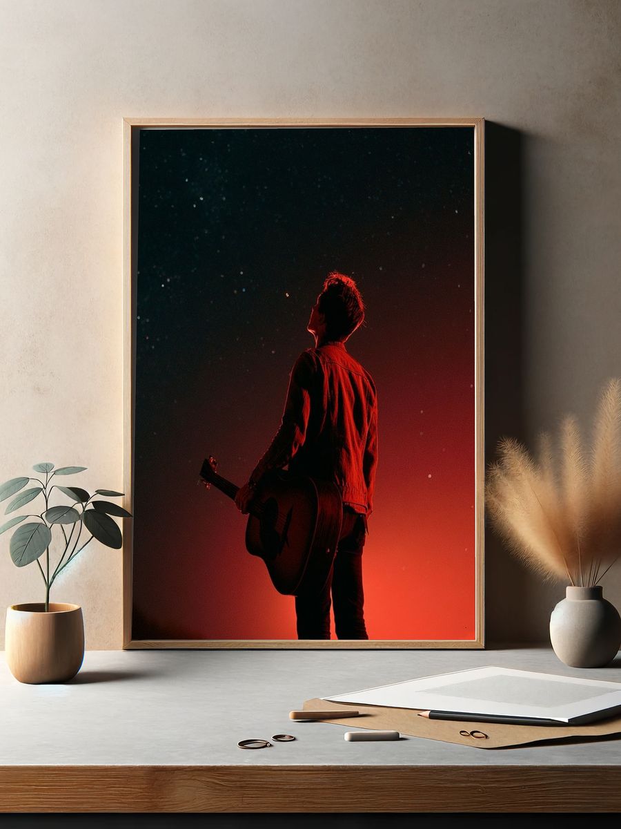 Guitarist Under Red Sky Photography Poster. — room view 2
