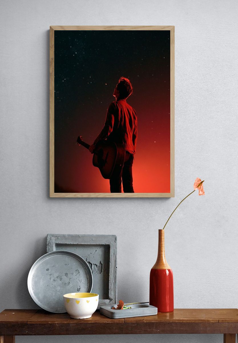 Guitarist Under Red Sky Photography Poster. — room view 3